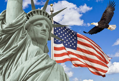 Statue of Liberty, American flag, bald eagle